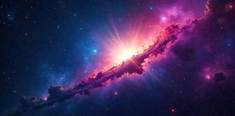 Fototapeta premium Mesmerizing night sky ablaze with a vibrant starburst, cosmic rays and nebulae illuminate the dark expanse Perfect for astronomy, space, and fantasy themes , astronomical, surreal, wonder