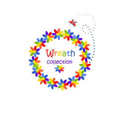 Funny flowers wreath collection with daisy flowers in rainbow color for greeting card isolated on white background