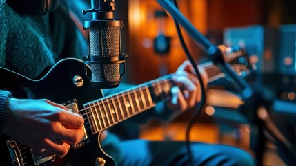 Crafting Melodies: Guitarist Recording in a Cozy Professional Studio Atmosphere