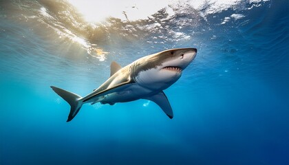 Obraz premium great white shark swimming in ocean sunlight