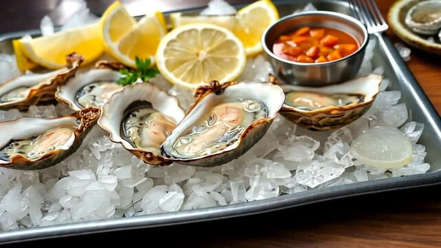 Fresh oysters with lemon on ice served as a gourmet seafood dish