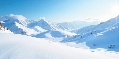 Obraz premium Rolling hills blanketed in pristine white snow, a serene winter landscape under a clear sky Perfect for winter wonderland, travel, and nature themes , majestic, pattern, mountains