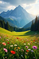 Fototapeta premium Serene alpine meadow bathed in golden sunlight, wildflowers in bloom, stunning mountain backdrop Perfect for travel, nature, and serenity themes , golden hour, landscape