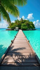 Fototapeta premium Serene island dock extending into calm turquoise water, surrounded by lush tropical foliage Perfect for travel, vacation, and idyllic getaway themes , timber, summer