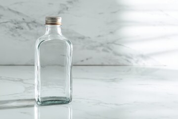 Obraz premium Clear glass bottle of vinegar solution standing elegantly on a white countertop in a minimalist kitchen setting, showcasing simplicity and cleanliness
