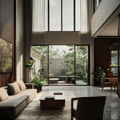 Fototapeta premium Sunlit Atrium: A Modern Residence Blending Interior Comfort with Exterior Serenity