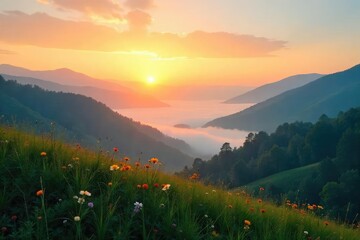 Obraz premium Serene landscape at dawn, mist clinging to the hills, conveying a sense of calm and peaceful contemplation; perfect for themes of mindfulness, inner peace, and spiritual growth , sky, inner peace