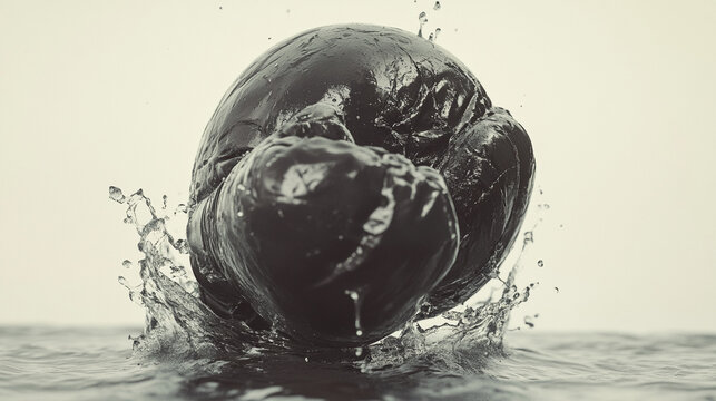 Hyper-realistic 3D render of a slow-motion punch breaking through a water balloon or ice block