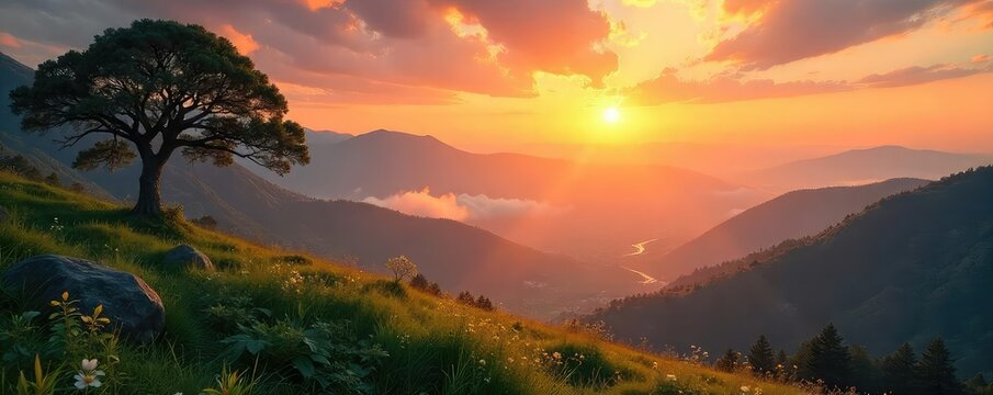 Serene landscape at sunrise, embodying peace and inner tranquility, a perfect representation of spiritual growth and seeking enlightenment , reflection, mountains