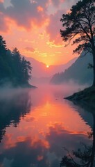 Obraz premium Serene sunrise over a tranquil lake, mist rising, creating a mystical and peaceful atmosphere perfect for meditation and spiritual reflection , sunrise, beauty