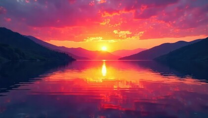 Serene sunset over a calm lake, reflecting vibrant colors in the still water  Perfect for travel, nature, or relaxation themes  Ideal for websites, brochures, and print media ,  outdoor,  still water