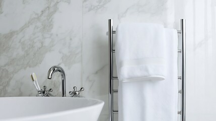 Stainless steel towel warmer with a modern minimalist design set against a sleek white bathroom wall featuring fluffy towels and a clean uncluttered aesthetic