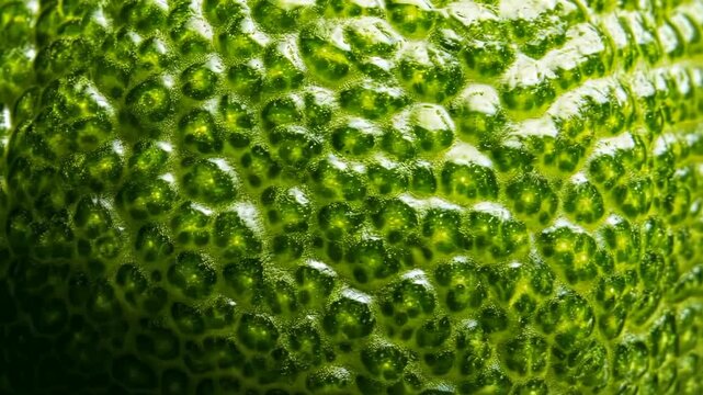 Close-up of textured green surface of a fresh lime, showcasing its vibrant color and unique bumpy skin, highlighting natural freshness and organic appeal. Generative 4k video.