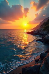 Obraz premium Spectacular view of a serene ocean waterfront at sunset, with golden light reflecting on the calm water and distant horizon Perfect for travel, nature, and real estate projects , water, cliff, rock