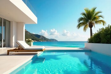 Stylish sun lounger by a pristine pool, vibrant summer vibes  Modern architecture, clear blue water, refreshing summer scene, perfect for relaxation and escape ,  tropical,  idyllic