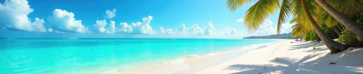 Obraz premium Sun-drenched beach scene with vibrant turquoise water, soft white sand, and swaying palm trees creating a perfect summer holiday escape , landscape, sun