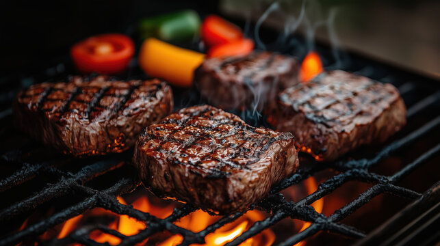 a close-up view of juicy steaks and vegetables sizzling on a barbecue grill with smoke and flames, perfect for summer food themes