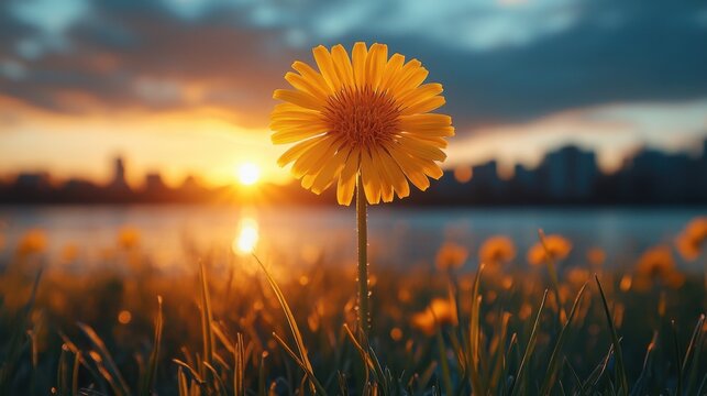 Fototapeta Yellow dandelion flower blooming in green grass meadow. Fresh dandelion blossom in spring. Sunny spring landscape. Healthy herbal medicine. Wild plant background.
