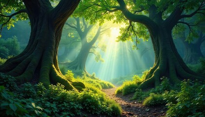 Fototapeta premium Untamed wilderness, sunlight dappling through ancient trees in a lush, vibrant forest teeming with life Deep shadows and mysterious depths create a sense of awe and wonder , deep woods, nature
