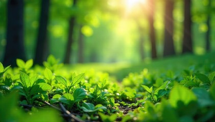 Vibrant green leaves bursting forth from a lush forest floor, sunlight dappling through the canopy A tranquil scene of natural beauty and springtime renewal , earth, environment, wood