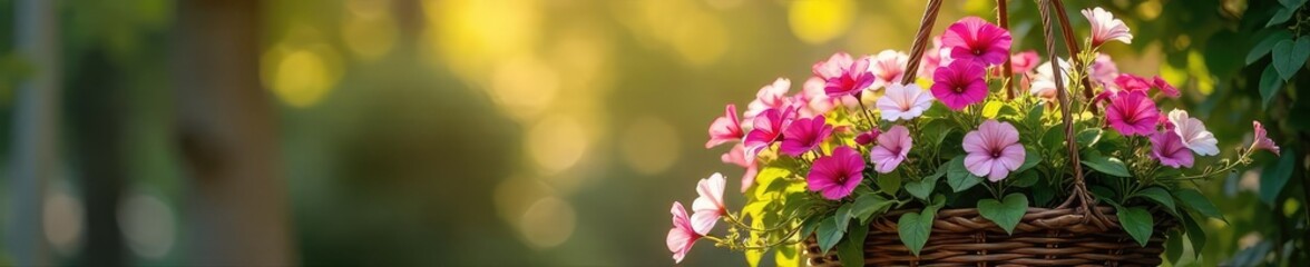 Vibrant petunias and trailing ivy overflowing from a rustic woven hanging basket, bathed in warm sunlight Perfect for garden, home decor, and spring themes , overgrown, plant life, garden