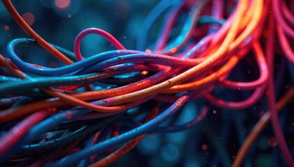 Vibrant, multicolored electrical wires and cables intertwined, creating an abstract, energetic composition  Perfect for projects needing a dynamic, electric feel ,  power grid,  colorful energy