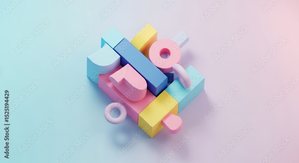 Poster pastel geometric abstract composition: 3d render of colorful shapes and blocks, futuristic design el