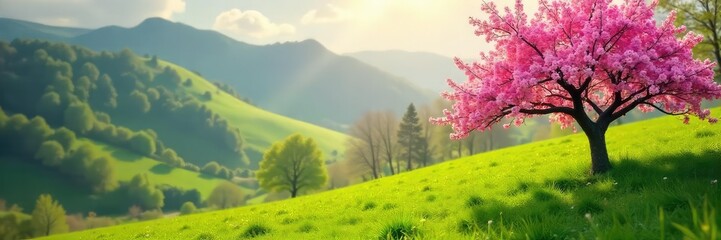 Vibrant spring blossoms bursting forth on a lush, green hillside, symbolizing renewal and the beauty of nature's rebirth Perfect for environmental, seasonal, and growth themes , meadow, flora, field