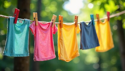 Vibrant summer laundry hanging on a rustic wooden clothesline, secured with colorful clothespins Perfect for nostalgic, homey, and clean living imagery , airy, housework