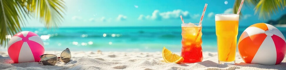 Vibrant summer scene featuring colorful beach balls, sunglasses, and refreshing drinks, perfect for a summer-themed project or design , colorful, vacation