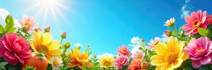 Vibrant summer scene bursting with color! Sun-drenched flowers, juicy fruits, and a bright blue sky create a cheerful, carefree atmosphere  Perfect for summer-themed projects ,  citrus,  petals