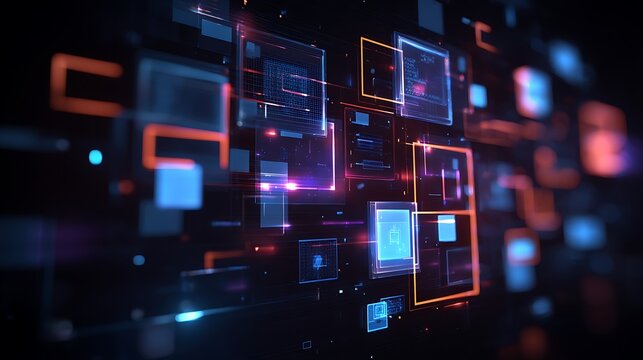 Digital technology interface of glowing squares - Powered by Adobe