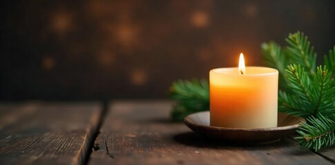 Warm, inviting glow of a pine-scented candle illuminating a rustic wooden surface  Perfect for holiday, winter, or cozy home decor themes ,  bokeh,  scented,  still life