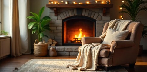 Warm, inviting living room scene with soft lighting, plush blankets draped over a comfy armchair near a crackling fireplace  Perfect for relaxation and homey vibes ,  cushions,  cozy