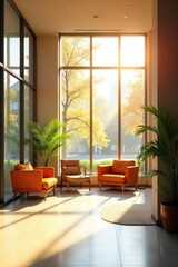 Warm sunlight streams through a large window illuminating a bright and airy reception area, perfect for a welcoming opening , sophisticated, plants, minimalist