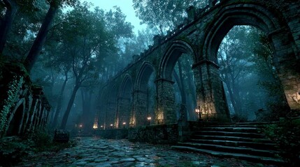 Enchanted Forest with Ancient Ruins and Illuminated Pathway