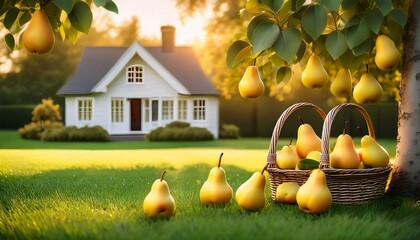 juicy late summer pears abundant harvest of sweet pears on lush green grass by a charming summer house