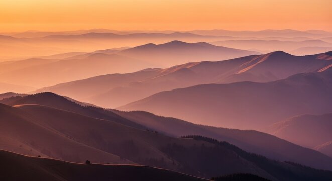 Vast layered mountain range at sunrise with atmospheric haze and golden light - Powered by Adobe