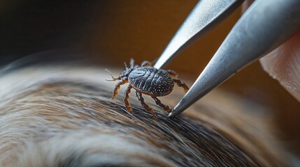 Fototapeta premium Tick grasped in tweezers during removal from pet fur, illustrating careful handling and precision, Tick Removal from Dog, for Step-by-step tutorials, prevention product visuals, medical posts 