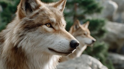 Obraz premium Two wolves stand in a stunning mountainous landscape, one gazing fiercely at the camera while the other turns slightly away