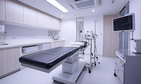 Modern Operating Room With Adjustable Surgical Table And Medical Devices Against A White Wall In A Healthcare Setting