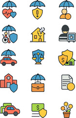 Obraz premium Colorful Insurance Icons Set: Protection and Security Symbols