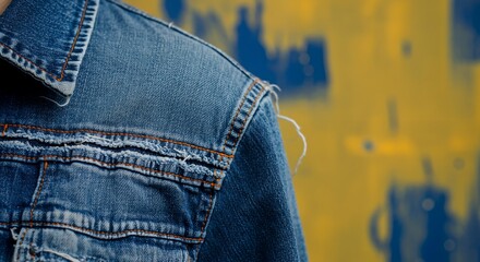 Close-up of a stylish blue denim jacket with distressed details and orange stitching, against a vibrant yellow and blue background. Casual fashion.