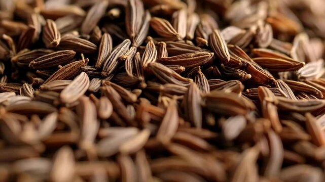 Close-up of aromatic cumin seeds, a traditional spice with brown coloring, displaying unique textures and shapes on a neutral background.
