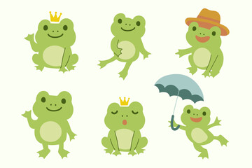 Green Hand Drawn Cartoon Frog Illustration Set.Cute Animal Character for Kids and Fun Clip Art	