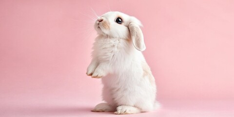 A charming white Holland Lop rabbit standing upright on its hind legs against a soft, pastel pink background. The rabbit has fluffy, pristine white fur with subtle cream or light beige accents around.