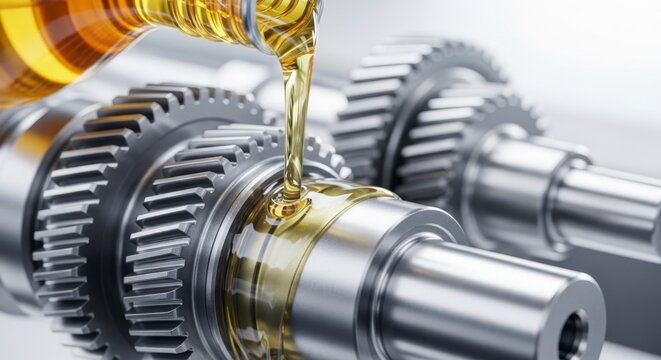 Pouring clear amber synthetic lubricating oil onto precision metal gears and shafts