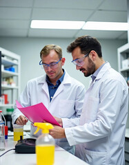Fototapeta premium two male scientists in lab coats reviewing notes in modern laboratory