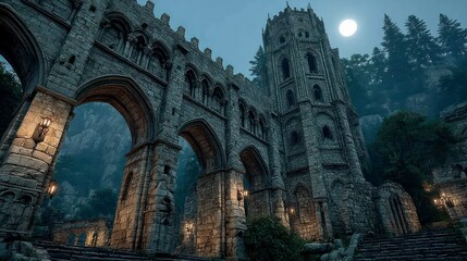 Naklejka premium Enchanted Medieval Gateway Under a Full Moon Illuminated by Warm Lanterns Surrounded by Lush