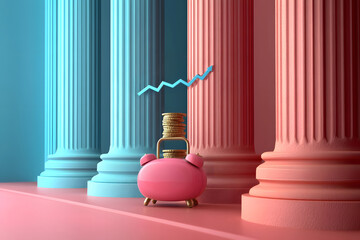 Colorful Clock with Coin Stack and Growth Arrow in Classical Columns. Investment and Savings Concept in 3D